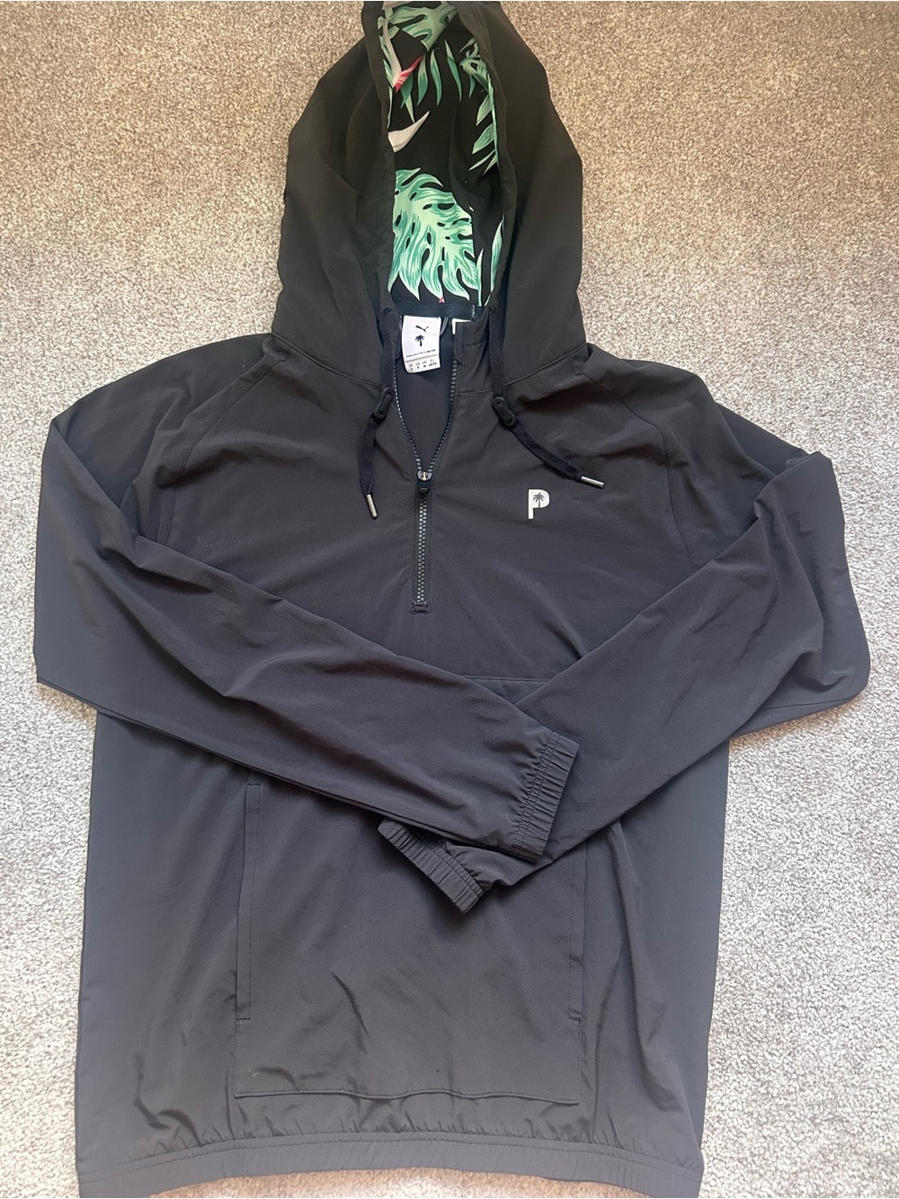 Puma Black Hooded Windbreaker with Green Leaf Lining